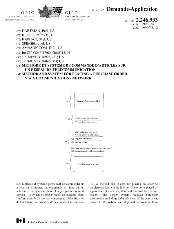 Document de brevet canadien 2246933. Page couverture 19981230. Image 1 de 2