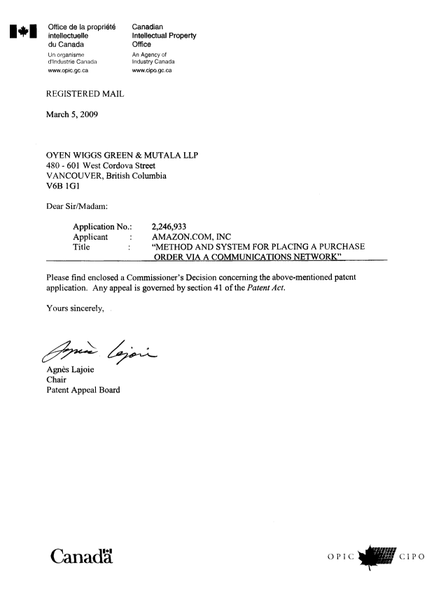 Document de brevet canadien 2246933. Correspondance 20081205. Image 1 de 62