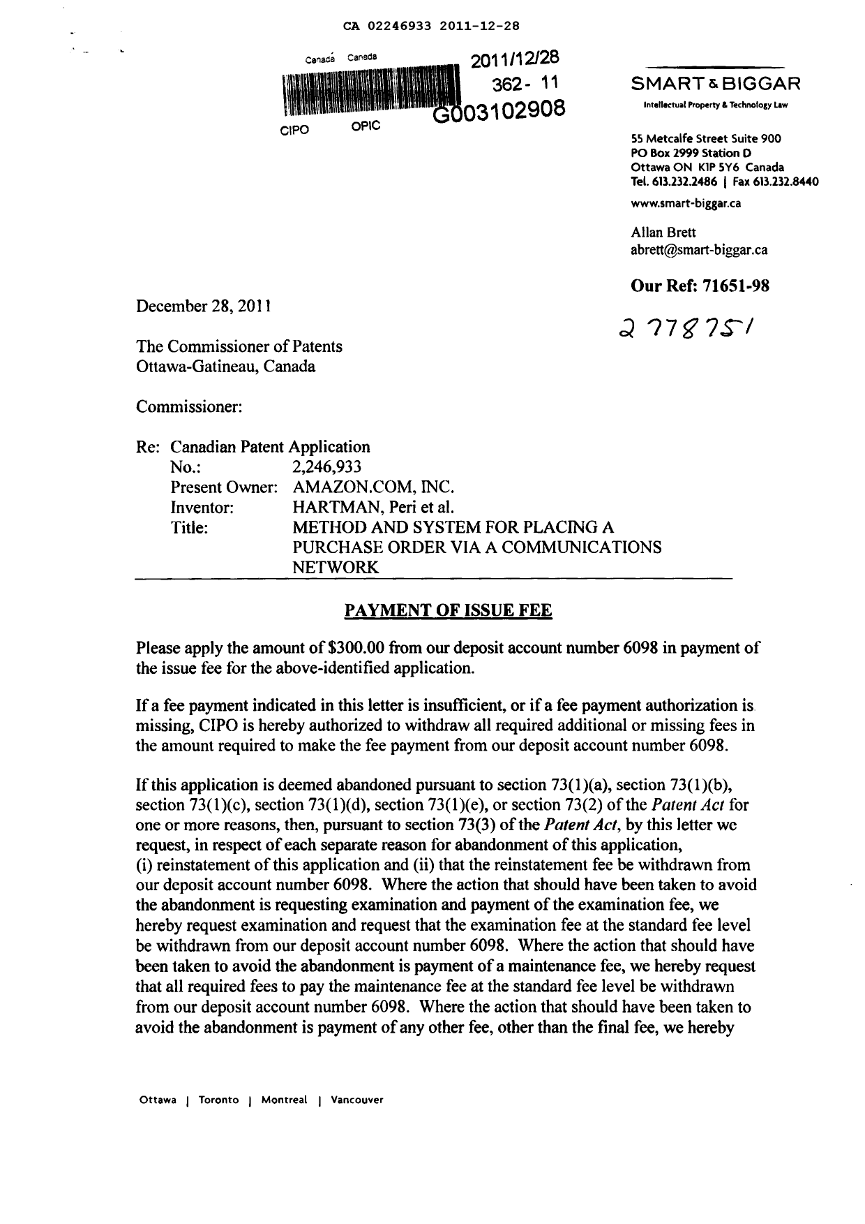 Document de brevet canadien 2246933. Correspondance 20101228. Image 1 de 2