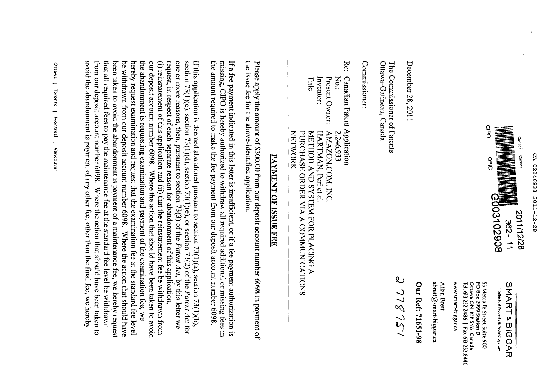 Canadian Patent Document 2246933. Correspondence 20101228. Image 1 of 2