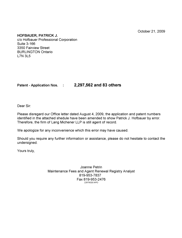 Document de brevet canadien 2262950. Correspondance 20091021. Image 1 de 1