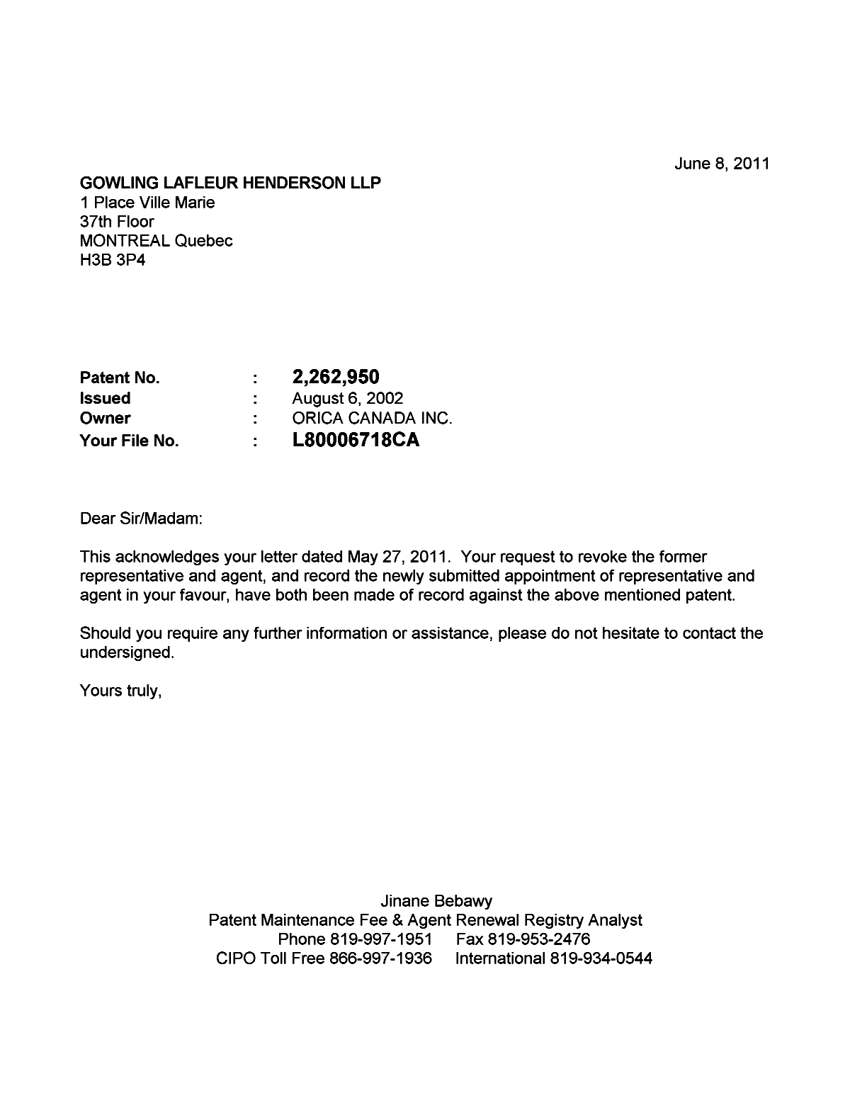 Canadian Patent Document 2262950. Correspondence 20110608. Image 1 of 1