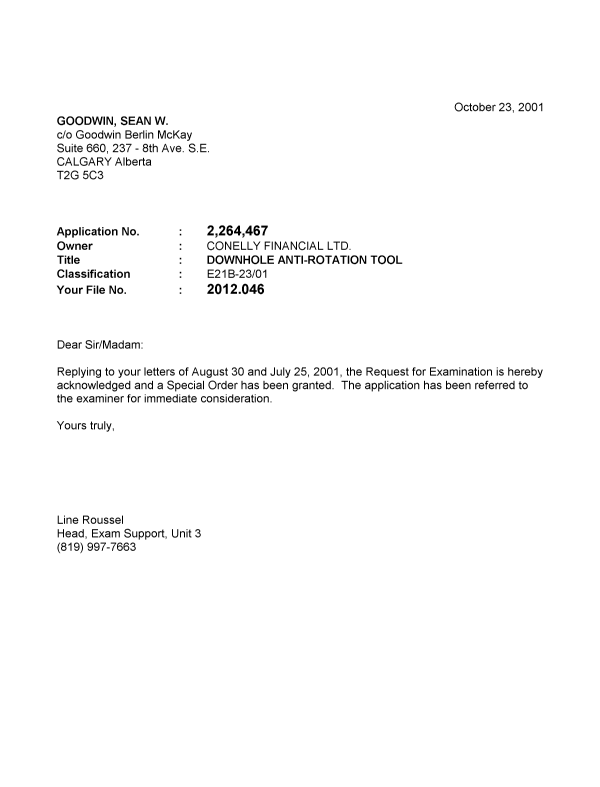 Canadian Patent Document 2264467. Prosecution-Amendment 20011023. Image 1 of 1
