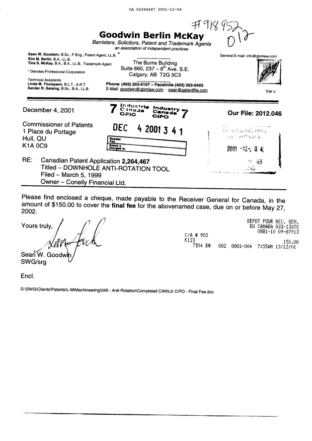 Canadian Patent Document 2264467. Correspondence 20011204. Image 1 of 1