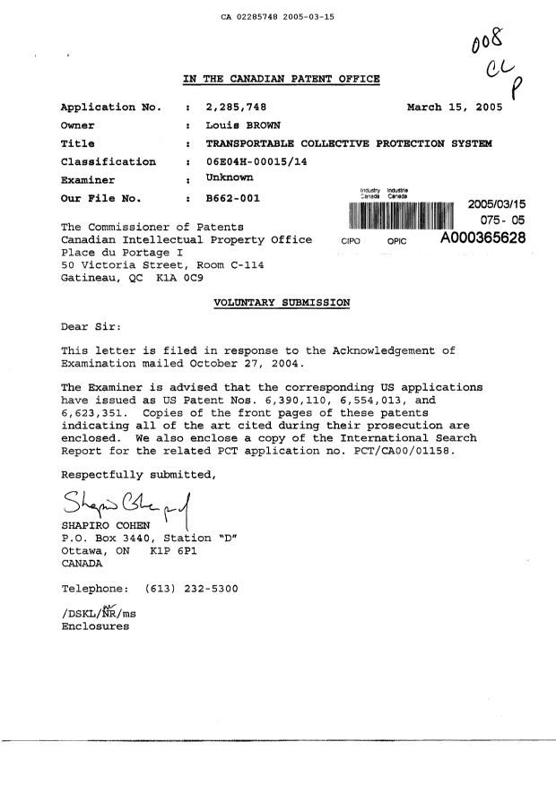 Canadian Patent Document 2285748. Prosecution-Amendment 20050315. Image 1 of 1