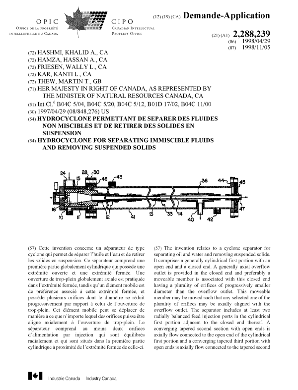 Canadian Patent Document 2288239. Cover Page 19981229. Image 1 of 2
