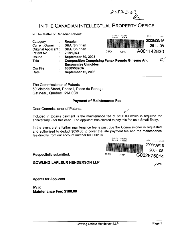 Document de brevet canadien 2291974. Taxes 20080916. Image 1 de 1