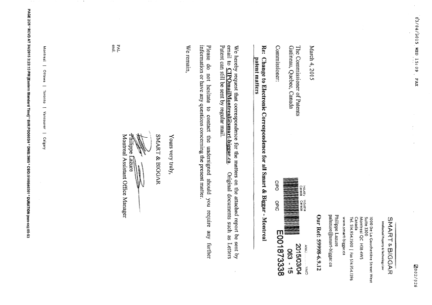 Document de brevet canadien 2302953. Correspondance 20141204. Image 1 de 3