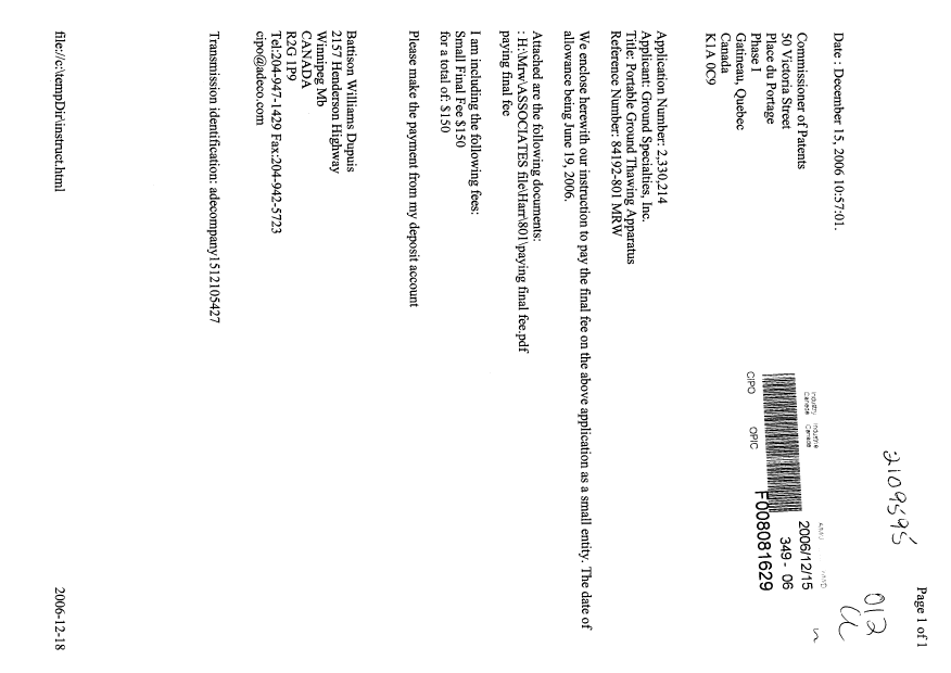 Canadian Patent Document 2330214. Correspondence 20051215. Image 1 of 2
