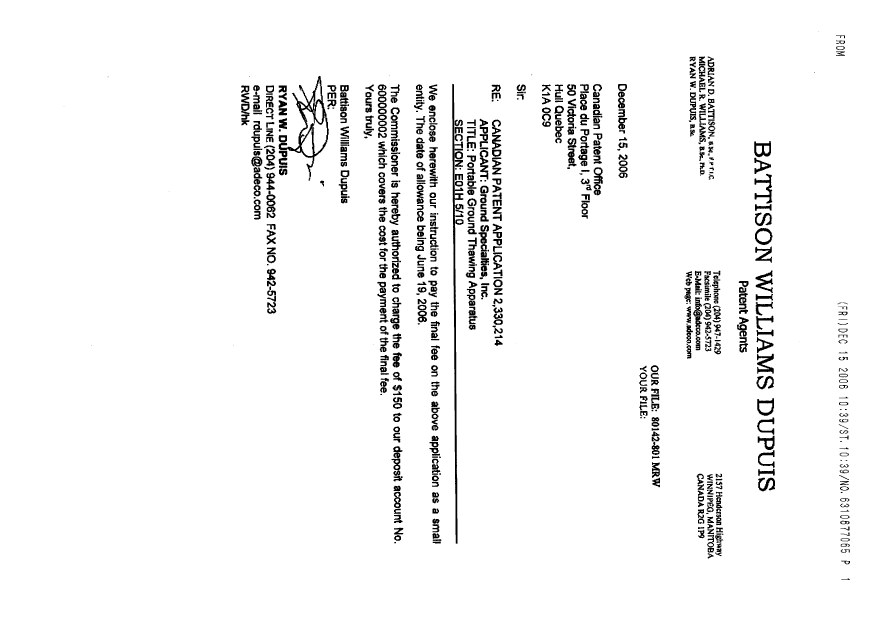 Canadian Patent Document 2330214. Correspondence 20051215. Image 2 of 2