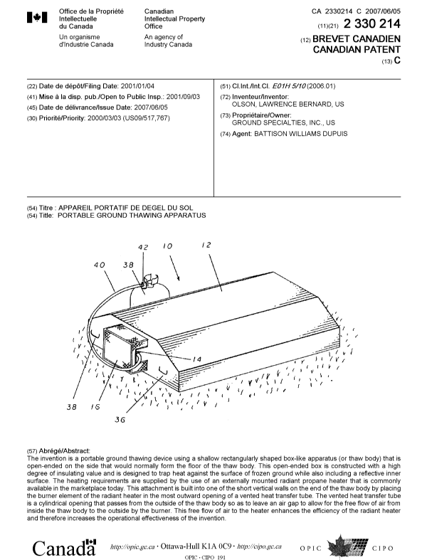 Document de brevet canadien 2330214. Page couverture 20061217. Image 1 de 1