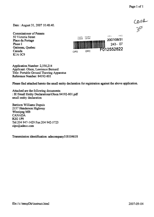 Canadian Patent Document 2330214. Correspondence 20061231. Image 1 of 2