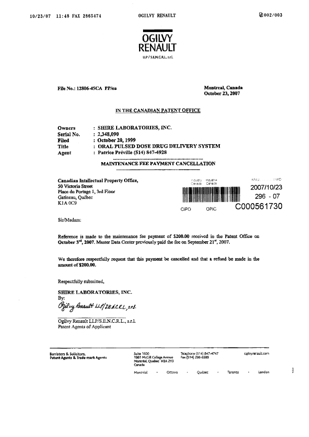 Canadian Patent Document 2348090. Correspondence 20061223. Image 1 of 3