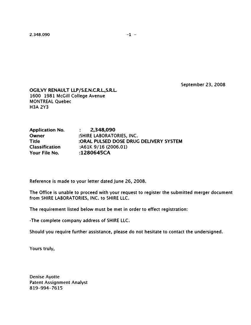 Document de brevet canadien 2348090. Correspondance 20071223. Image 1 de 1