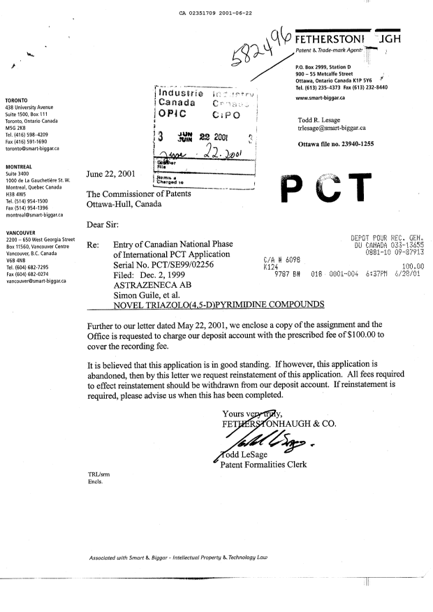 Canadian Patent Document 2351709. Assignment 20010622. Image 1 of 2