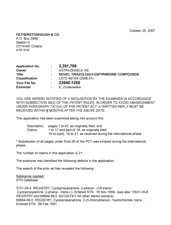 Canadian Patent Document 2351709. Prosecution-Amendment 20071025. Image 1 of 2