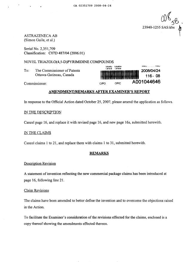 Canadian Patent Document 2351709. Prosecution-Amendment 20071224. Image 1 of 26