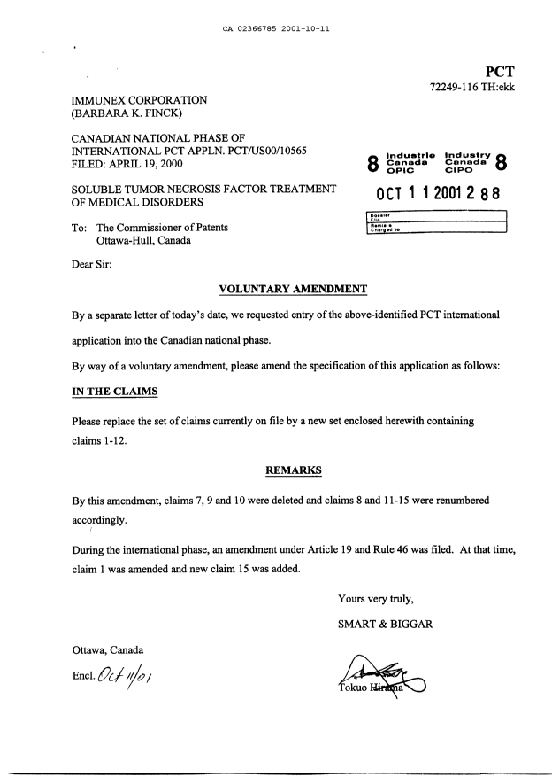 Document de brevet canadien 2366785. Poursuite-Amendment 20011011. Image 1 de 3
