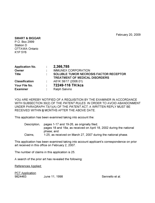 Canadian Patent Document 2366785. Prosecution-Amendment 20090220. Image 1 of 3