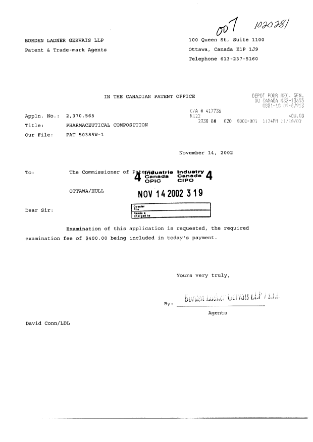 Document de brevet canadien 2370565. Poursuite-Amendment 20021114. Image 1 de 1