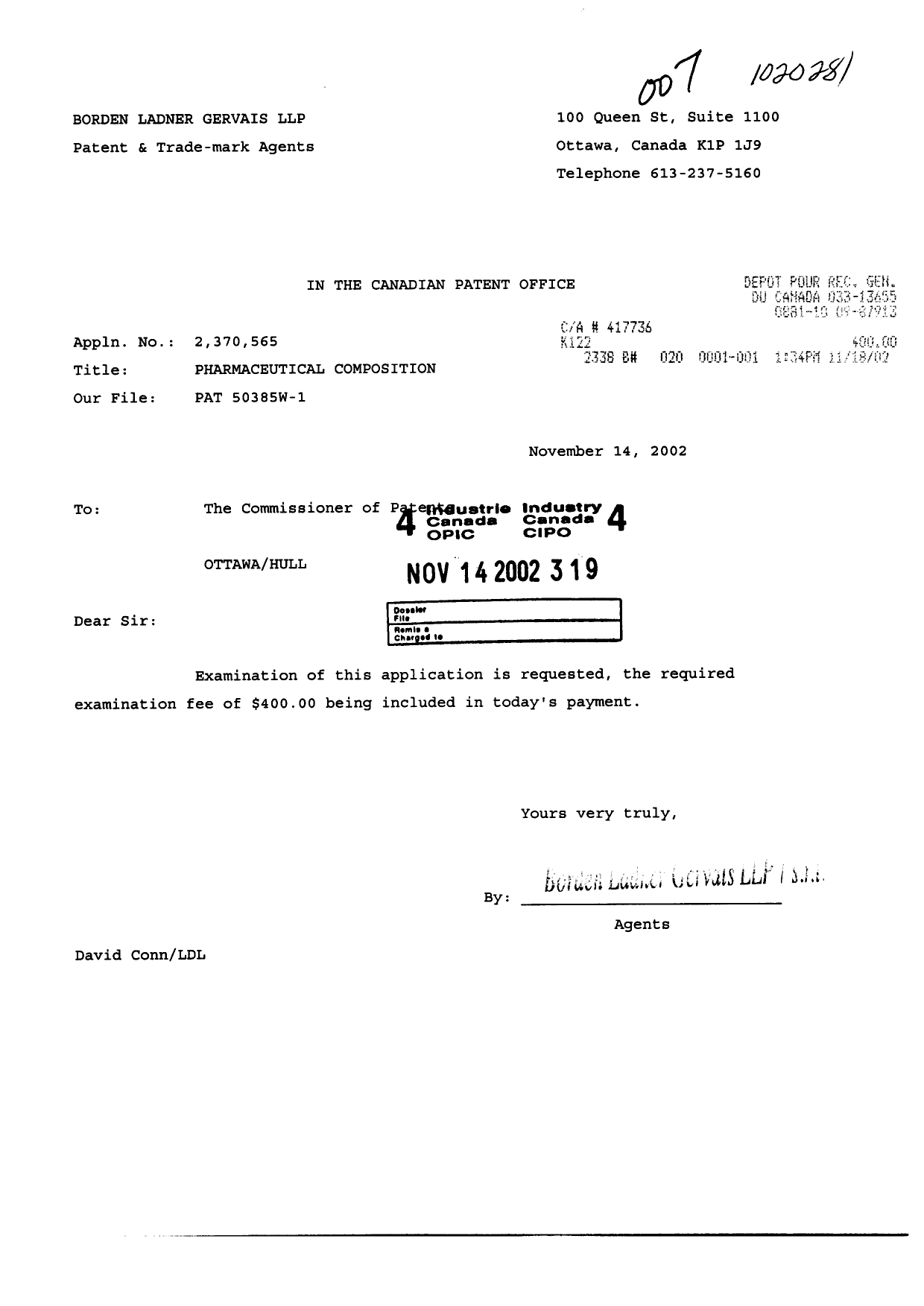 Canadian Patent Document 2370565. Prosecution-Amendment 20021114. Image 1 of 1