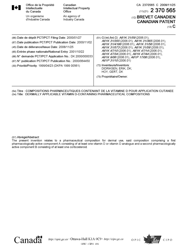 Document de brevet canadien 2370565. Page couverture 20081110. Image 1 de 2