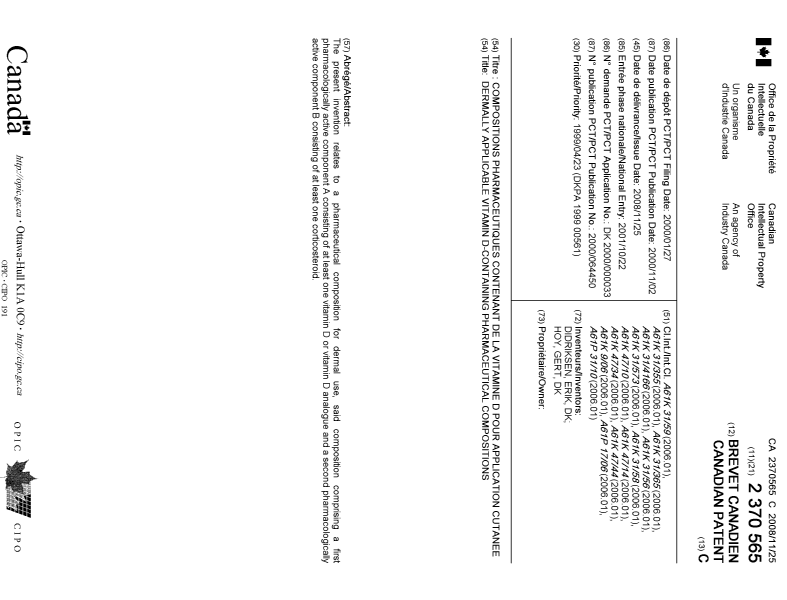 Canadian Patent Document 2370565. Cover Page 20081110. Image 1 of 2