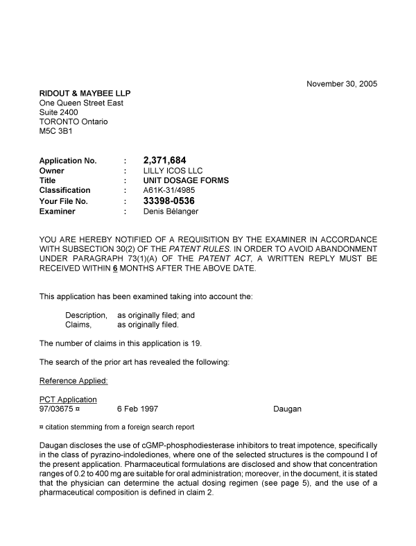 Canadian Patent Document 2371684. Prosecution-Amendment 20041230. Image 1 of 3
