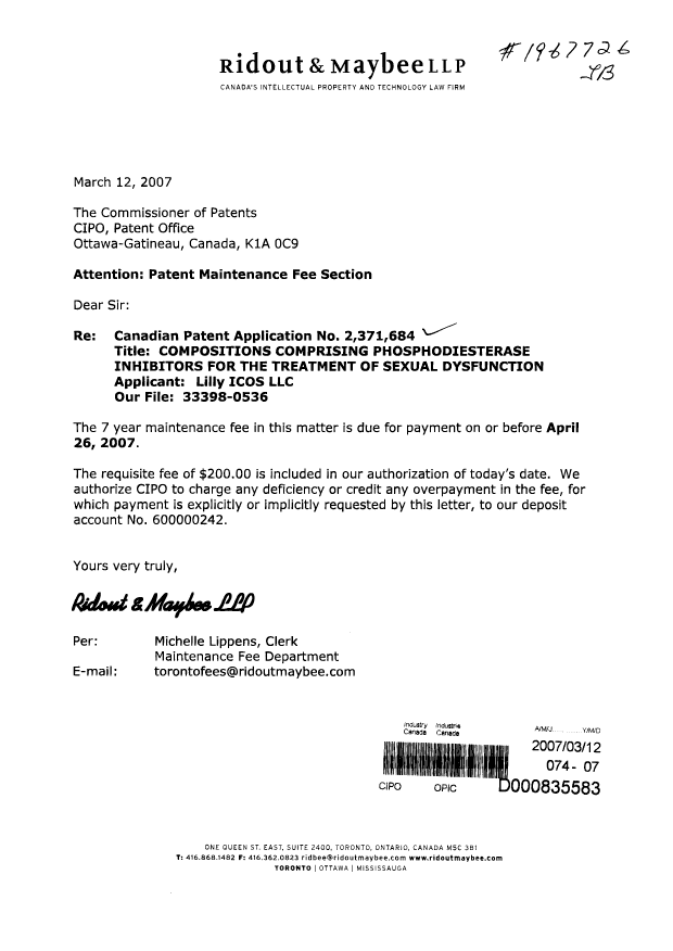 Document de brevet canadien 2371684. Taxes 20061212. Image 1 de 1