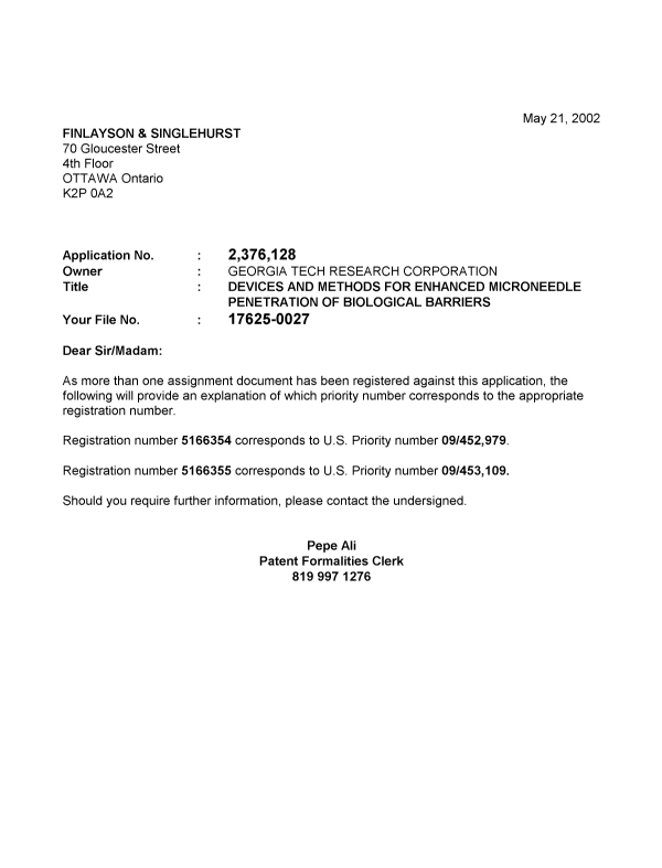 Document de brevet canadien 2376128. Correspondance 20020518. Image 1 de 1