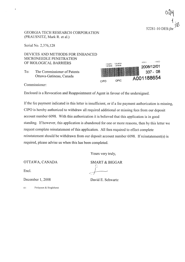 Document de brevet canadien 2376128. Correspondance 20071201. Image 1 de 2
