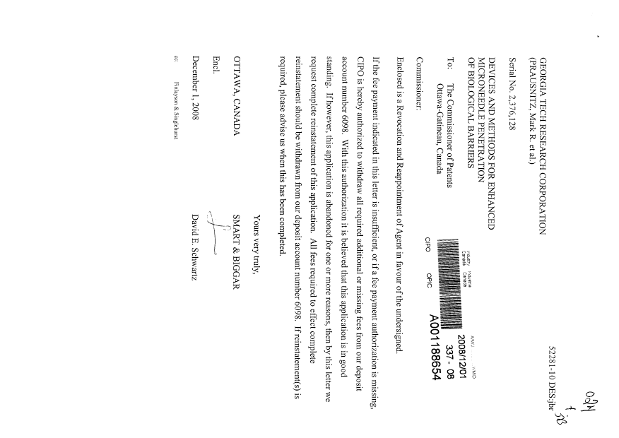 Canadian Patent Document 2376128. Correspondence 20071201. Image 1 of 2