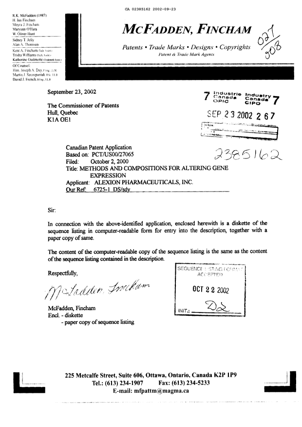 Document de brevet canadien 2385162. Poursuite-Amendment 20020923. Image 1 de 38
