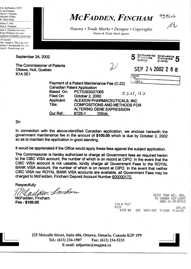 Canadian Patent Document 2385162. Fees 20020924. Image 1 of 1