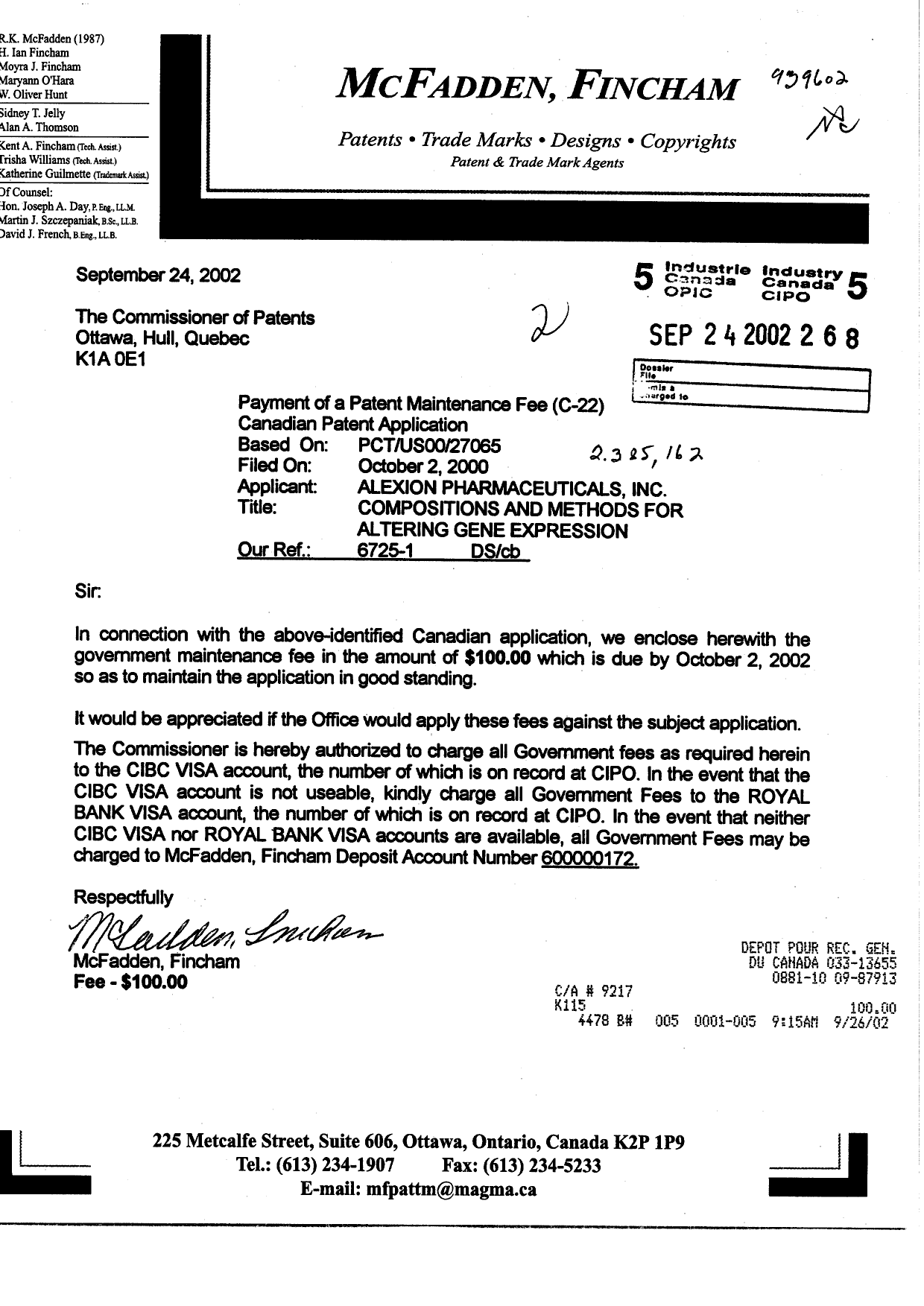 Document de brevet canadien 2385162. Taxes 20020924. Image 1 de 1