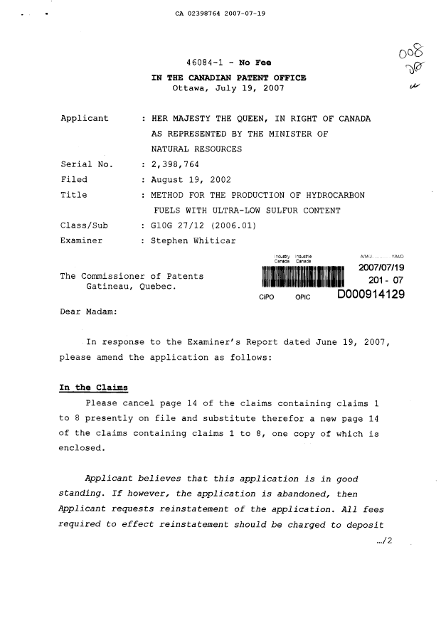 Document de brevet canadien 2398764. Poursuite-Amendment 20061219. Image 1 de 3