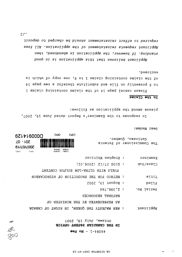 Document de brevet canadien 2398764. Poursuite-Amendment 20061219. Image 1 de 3