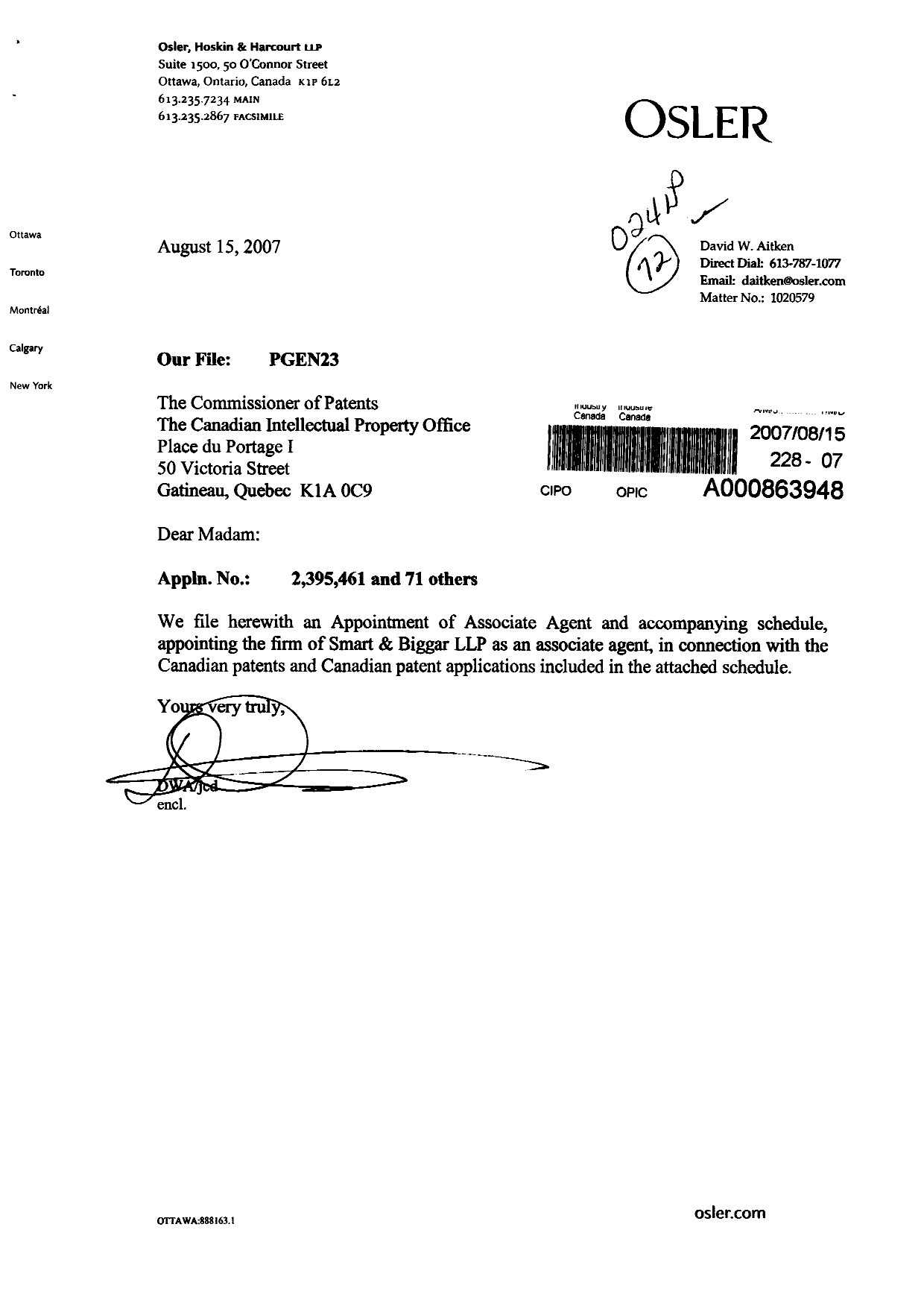 Canadian Patent Document 2399358. Correspondence 20070815. Image 1 of 8