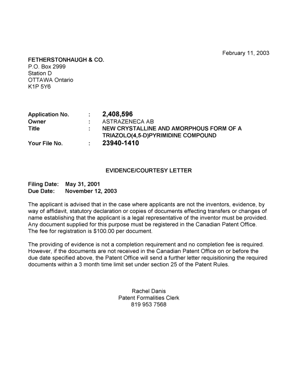 Canadian Patent Document 2408596. Correspondence 20021207. Image 1 of 1