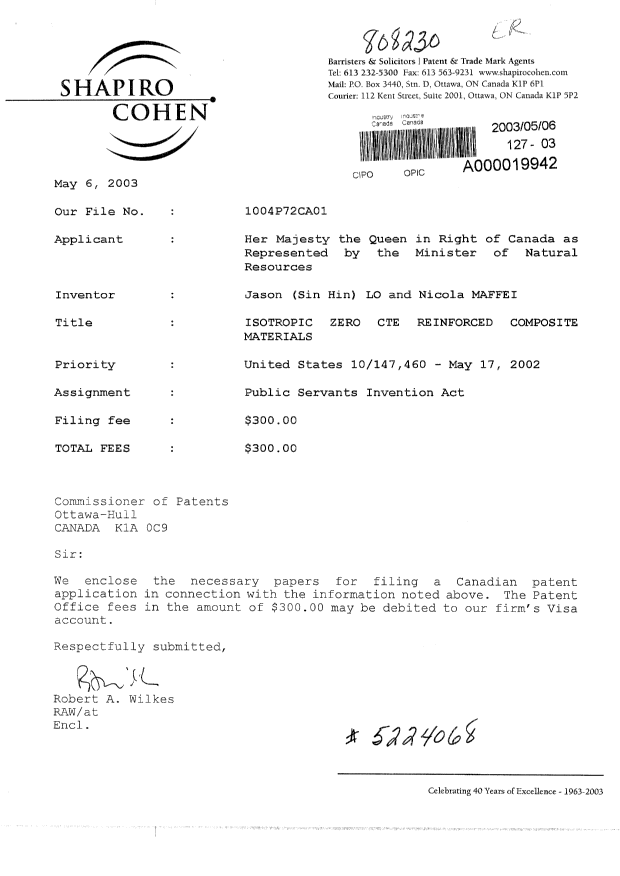 Document de brevet canadien 2427948. Cession 20030506. Image 1 de 3