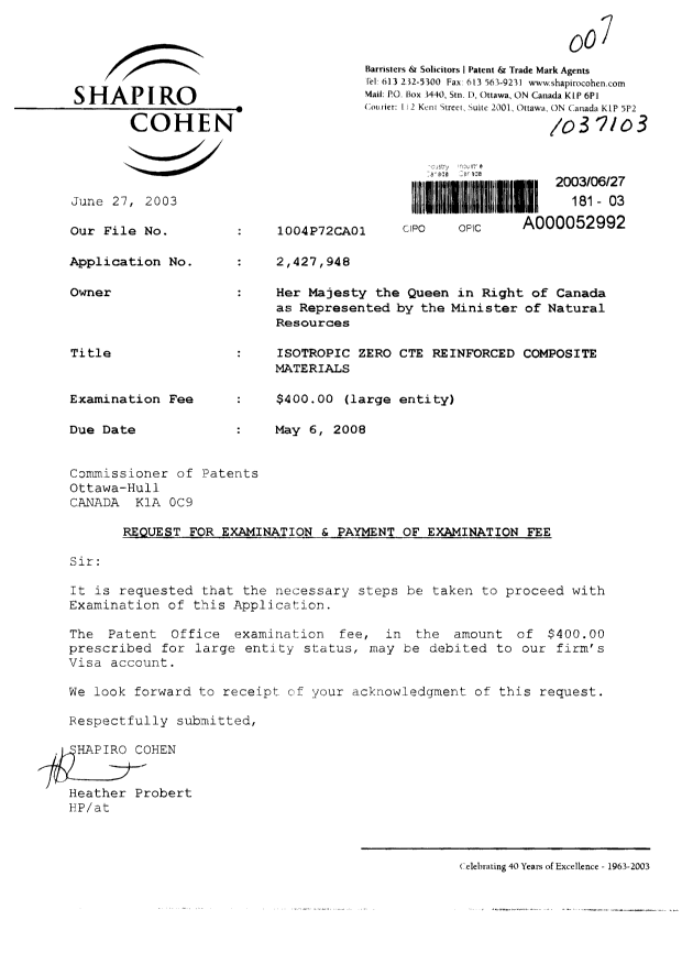 Document de brevet canadien 2427948. Poursuite-Amendment 20030627. Image 1 de 1