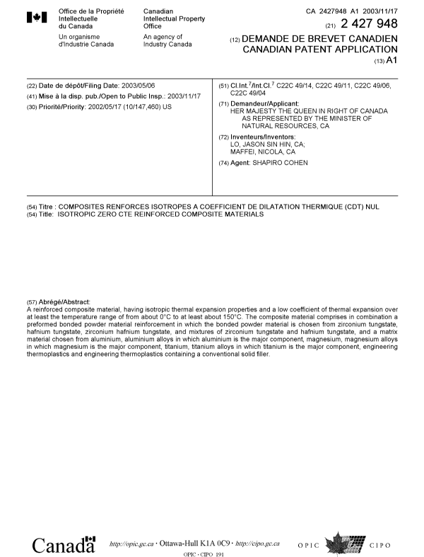 Document de brevet canadien 2427948. Page couverture 20031021. Image 1 de 1