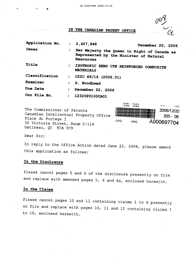 Document de brevet canadien 2427948. Poursuite-Amendment 20061220. Image 1 de 12