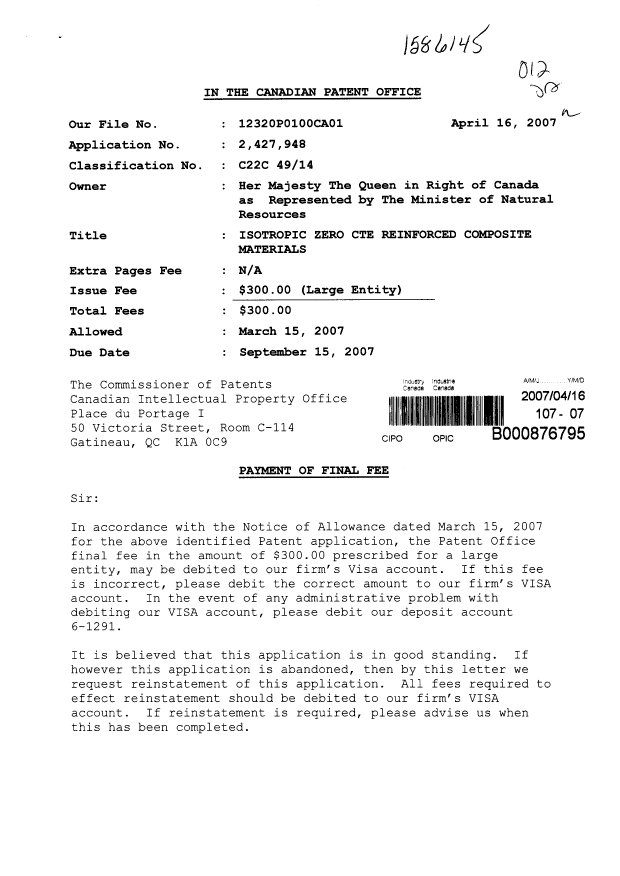 Document de brevet canadien 2427948. Correspondance 20070416. Image 1 de 2
