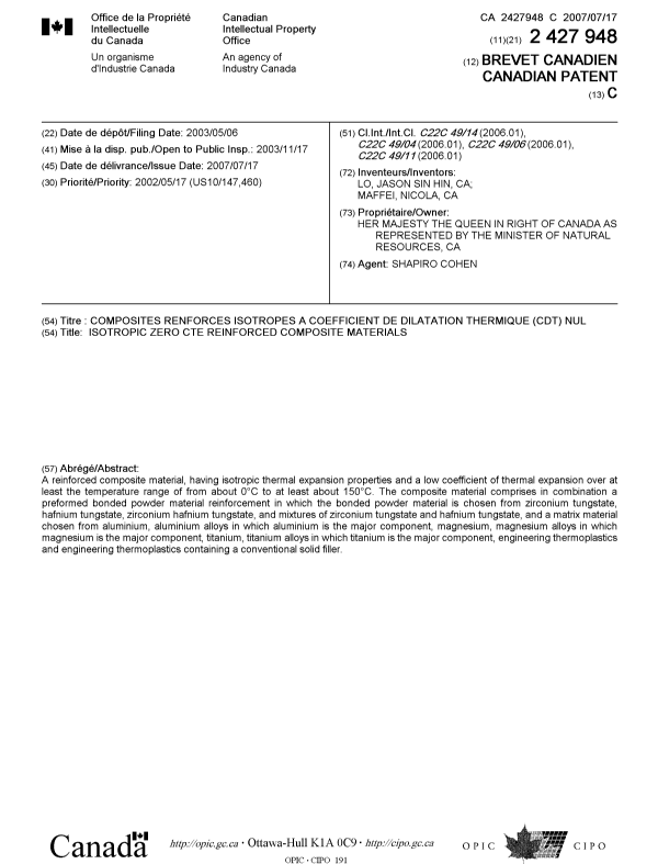 Document de brevet canadien 2427948. Page couverture 20070703. Image 1 de 1
