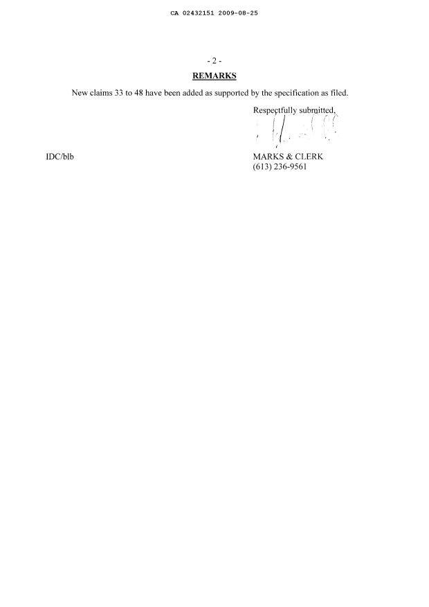 Canadian Patent Document 2432151. Prosecution-Amendment 20090825. Image 2 of 4