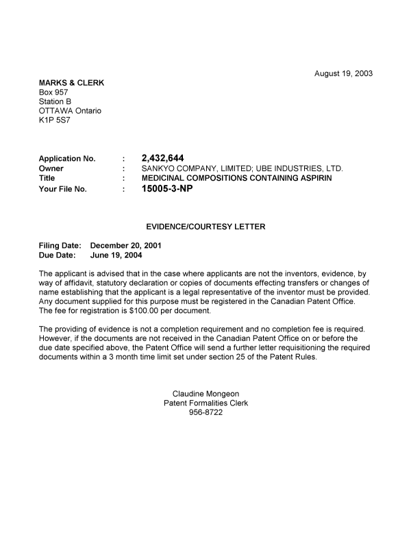 Canadian Patent Document 2432644. Correspondence 20021212. Image 1 of 1