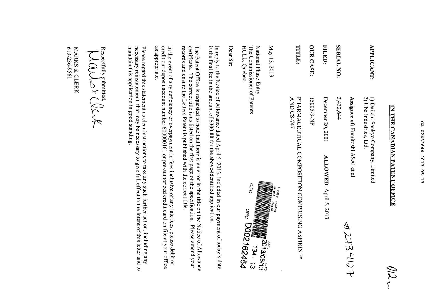 Canadian Patent Document 2432644. Correspondence 20121213. Image 1 of 1