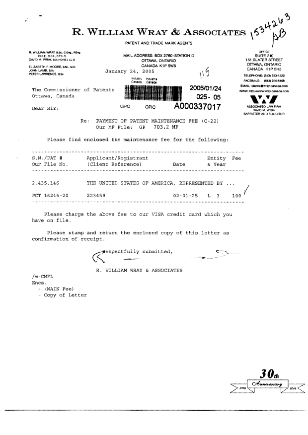 Canadian Patent Document 2435146. Fees 20050124. Image 1 of 1