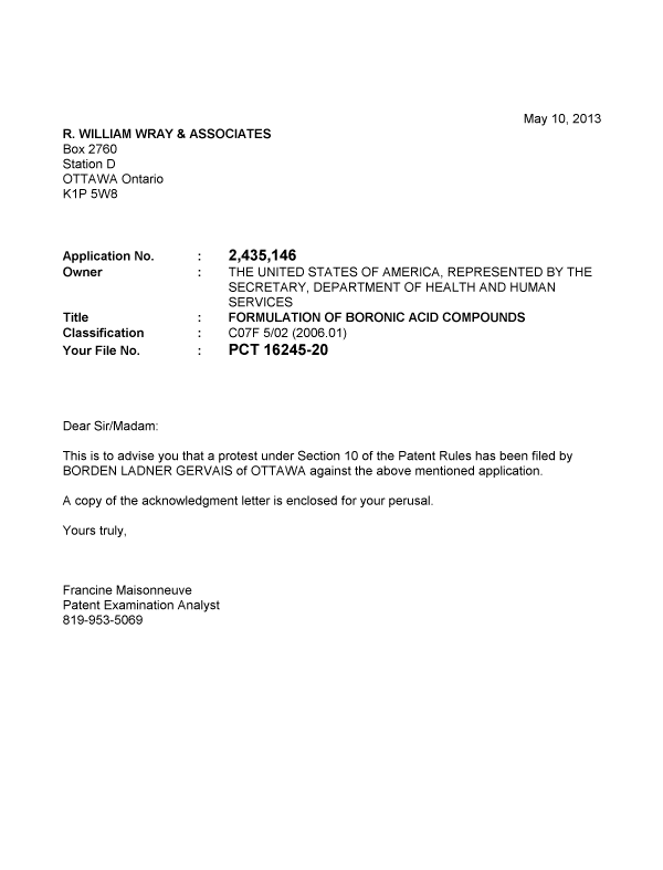 Canadian Patent Document 2435146. Prosecution-Amendment 20130510. Image 1 of 1
